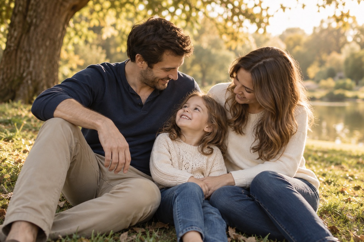 Illustrative photo of parents spending time with their child outdoors