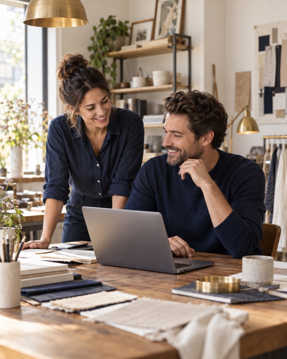 Illustrative photo of two business owners reviewing their work in a sunlit studio